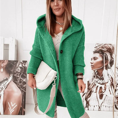 Women’s Hooded Cardigan – Ribbed Knit – Loose Fit – Long Line – Button Front