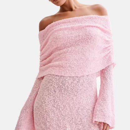 Women’s Knit Beach Dress – Off Shoulder – Slim Fit – Semi Sheer – Flared Sleeve Cover Up