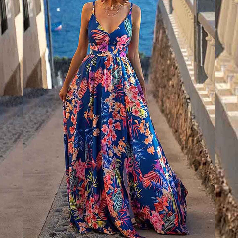 Women’s Maxi Dress – A-Line Fit – Spaghetti Straps – Plunging Neckline – Printed Layers