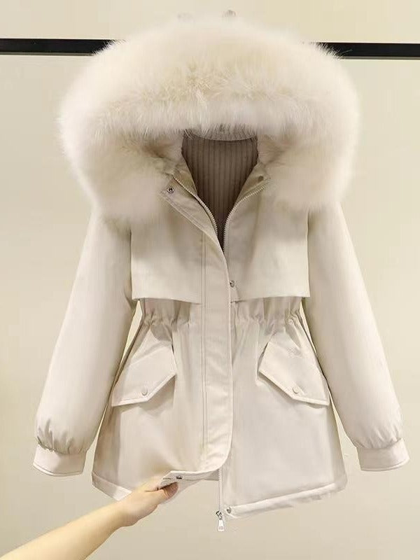 Women's winter parka with fur hood and drawstring waist