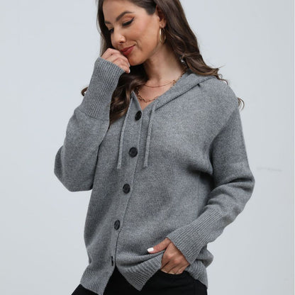 Women’s Hooded Cardigan – Knit Fabric – Relaxed Fit – Button Front – Ribbed Trim