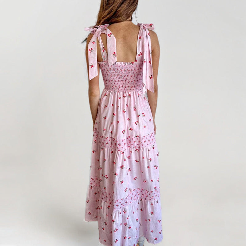 Women’s Sundress – Smocked Bodice – Tiered Maxi Skirt – Floral Print – Tie Straps