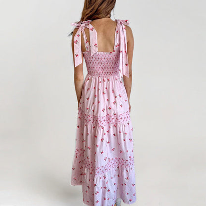 Women’s Sundress – Smocked Bodice – Tiered Maxi Skirt – Floral Print – Tie Straps