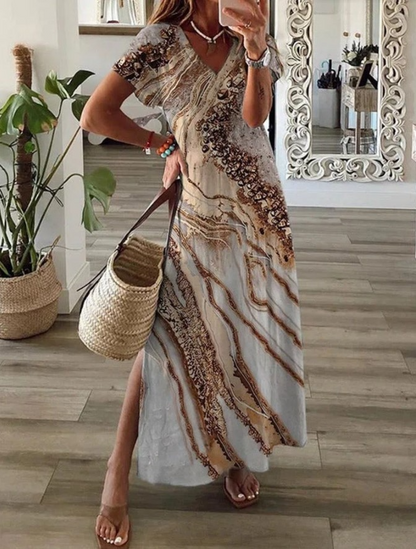 Women's Maxi Dress - V-Neck - Short Sleeve - Flowy Fit - Side Slit Casual Wear