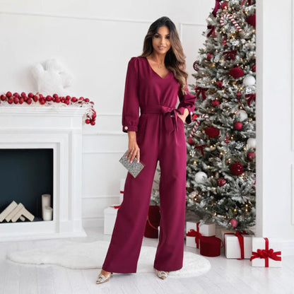 Women’s Jumpsuit – V-Neck – Long Sleeve – Self-Tie Waist – Wide Leg – Relaxed Fit