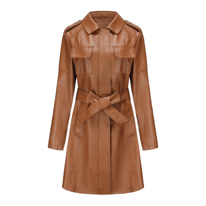 Women’s Mid-Length Jacket – Structured Fit – Faux Leather – Epaulets – Zipper Closure