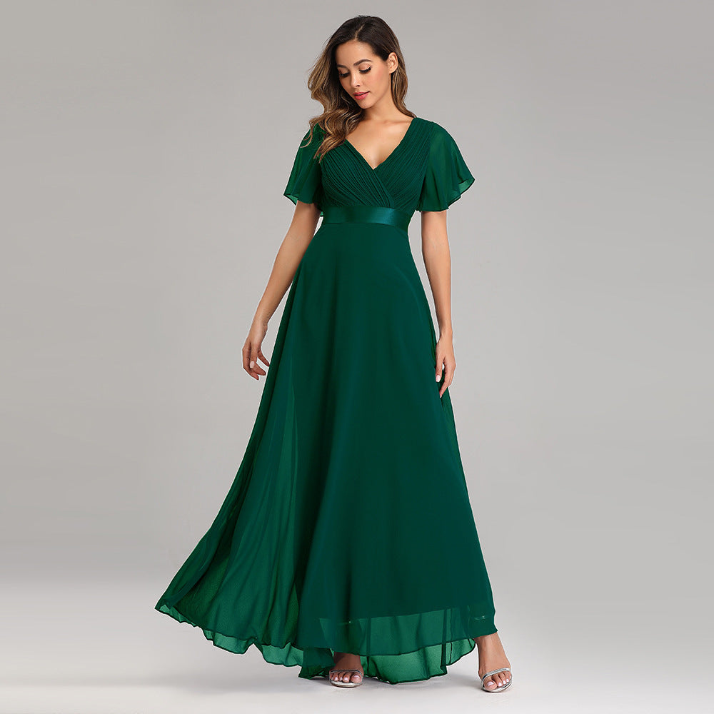 Crepe Fabric Flutter Sleeve Evening Dress
