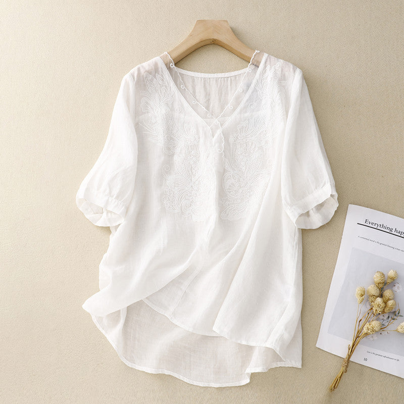 Women’s Short Sleeve Shirt – Loose Fit – V-Neck – Embroidered – Breathable Blend