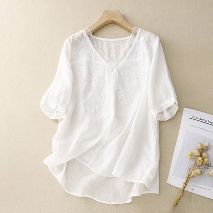Women’s Short Sleeve Shirt – Loose Fit – V-Neck – Embroidered – Breathable Blend