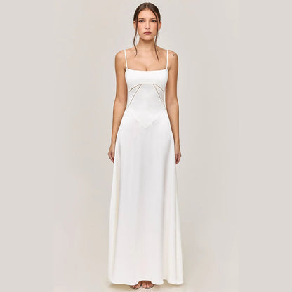 Women’s Midi Dress – Satin Feel – Slim Fit – A-Line – Lace Panel – Spaghetti Strap