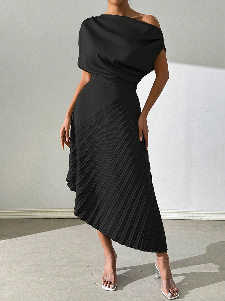 Asymmetrical Pleated One Shoulder Midi Dress
