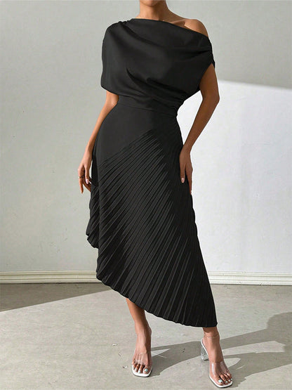 Women’s Midi Dress – One Shoulder – Asymmetrical Fit – Pleated Skirt – Elegant Style
