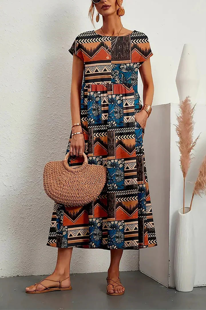 Women's Midi Dress - Floral Print - Short Sleeve - Loose Fit - Lightweight Fabric