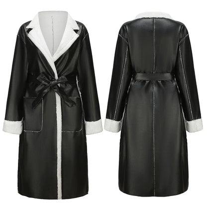 Women’s Long Coat – Oversized Fit – Faux Leather – Plush Trim – Tie Waist – Full Length