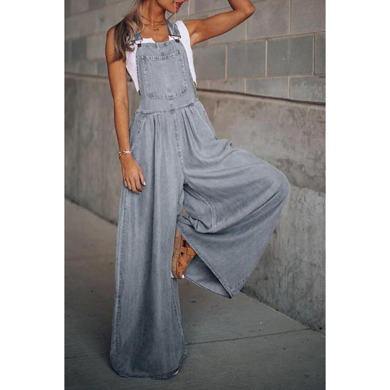 Women's Denim Overalls - Wide Leg - Adjustable Straps - Relaxed Fit Casual Wear
