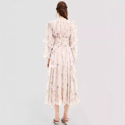 Women’s Evening Gown – Chiffon – Full Length – Long Sleeve – Ruffle – Printed