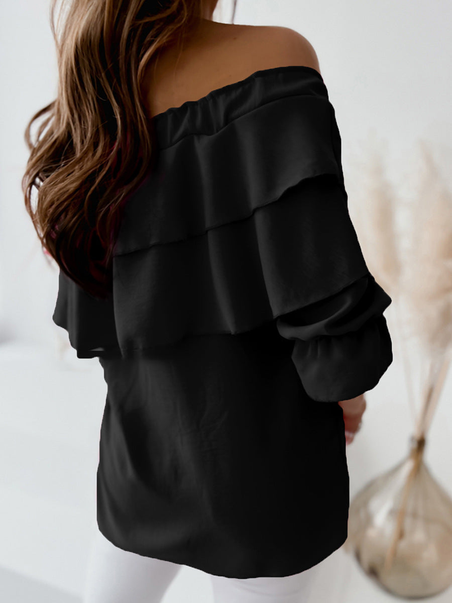 Women's Off-Shoulder Blouse - Ruffled Layered Design - 3/4 Sleeve Tie Neck