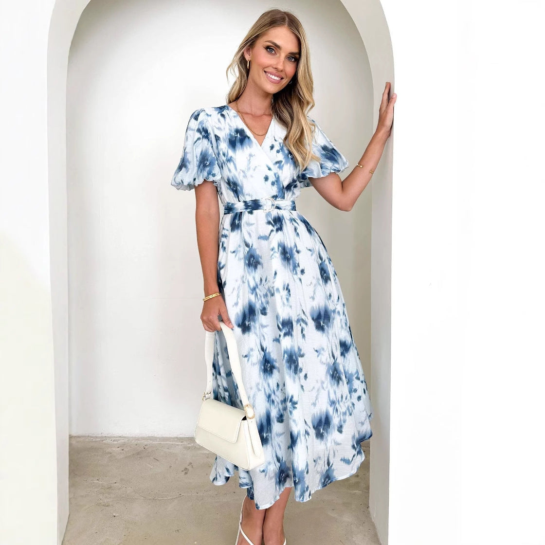 Puff Sleeve Fitted Waist Midi Dress