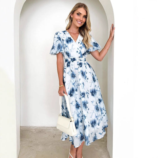 Puff Sleeve Fitted Waist Midi Dress