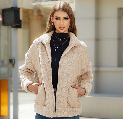 Women's plush zip-up spliced velvet jacket