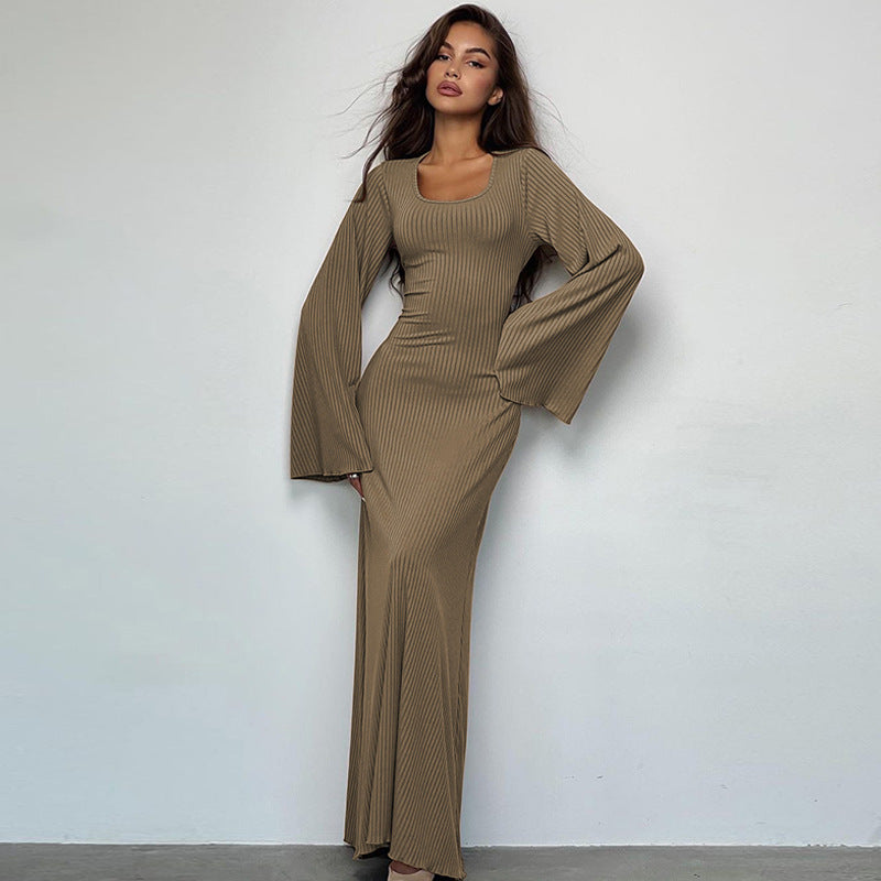Women’s Long Sleeve Dress – Ribbed Knit – Slim Fit – Square U-Neck – Bell Sleeves