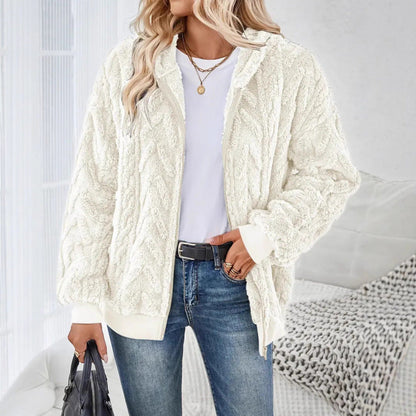Women’s Hooded Jacket - Plush Knit - Oversized Fit - Hip Length - Ribbed Cuffs and Hem