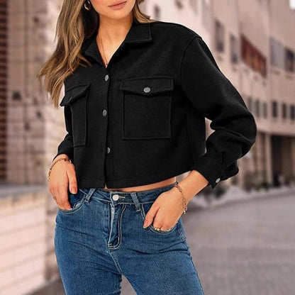 Women’s Cropped Coat – Relaxed Fit – Wool Blend – Button Front – Patch Pockets