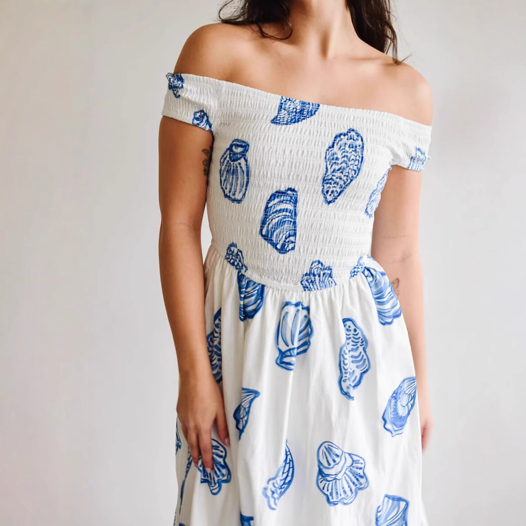 Women’s Off-Shoulder Dress – Smocked Bodice – Shell Print – Cotton A-Line Midi