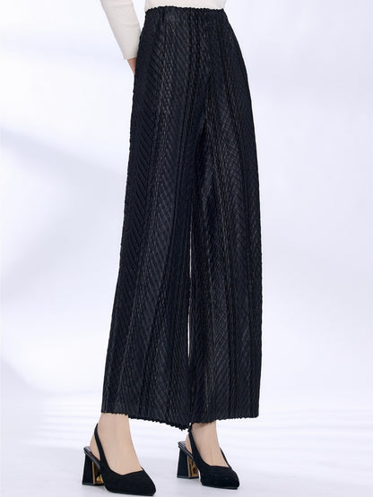 Women's Wide-Leg Pants - Textured Fabric - High Waist - Elastic Waistband - Flowy Fit