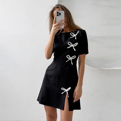 Women’s A-Line Dress – Short Sleeve – Round Neck – Bow Detail – Mini Length Slit Hem