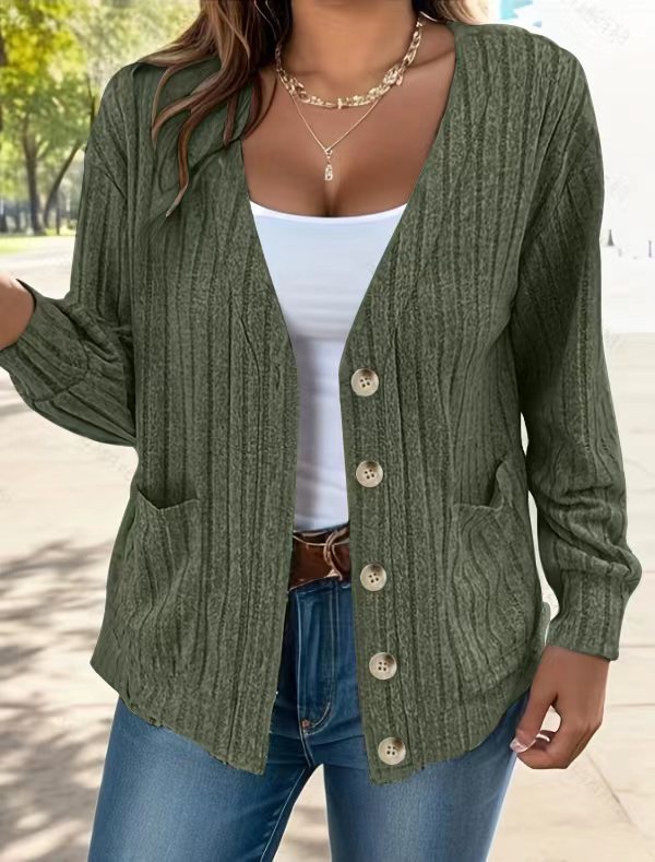 Ribbed Knit Relaxed Fit Cardigan With Pockets 