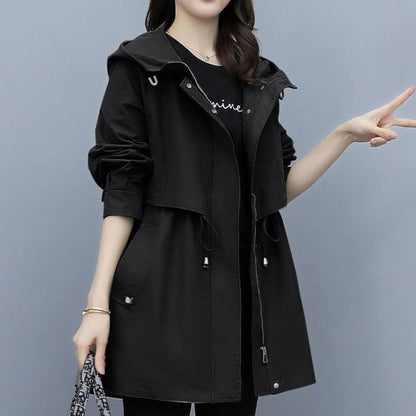 Women’s Windbreaker Jacket – Mid-Length Loose Fit – Hooded with Adjustable Waist
