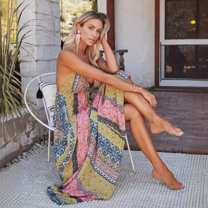 Women’s Maxi Dress – V-Neck – Open Back – Spaghetti Straps – Flowy Cotton Blend