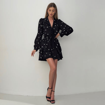 Women’s Mini Dress – Chiffon – V-Neck – Long Sleeve – Ruffle Skirt – Floral Print