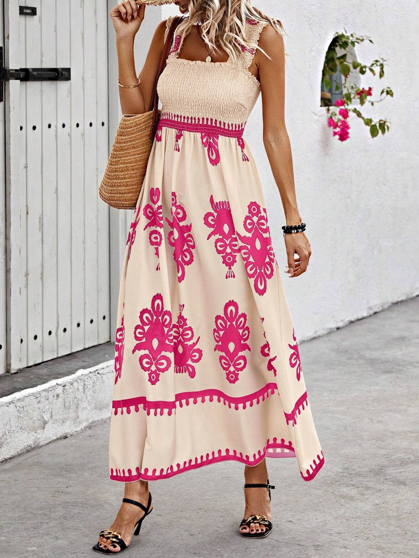 Printed Flowy Wrap Bodice Maxi Dress