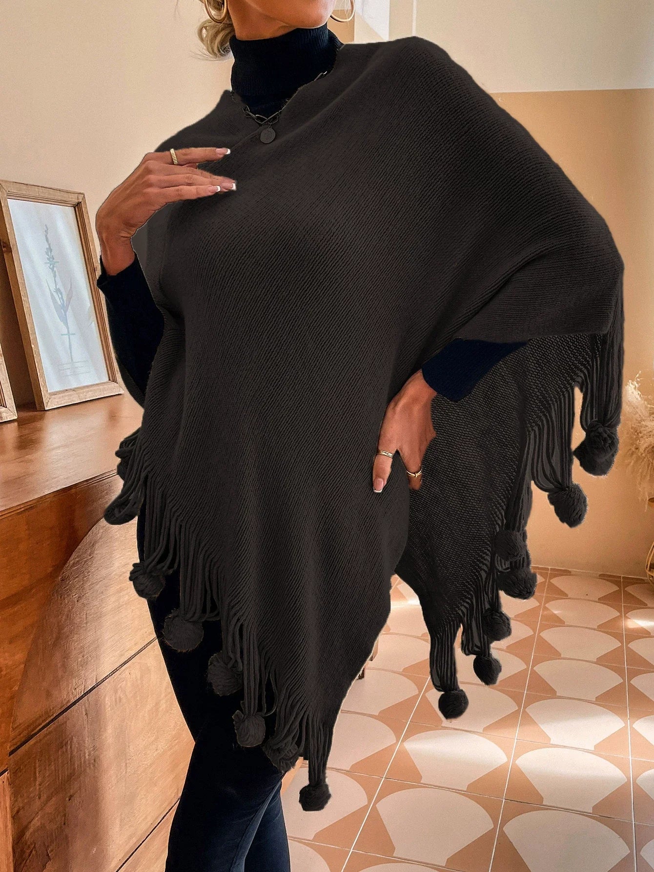 Women’s Shawl Sweater Cape – Knitted – Relaxed Fit – Tassel Fringe with Fur Pom-Poms