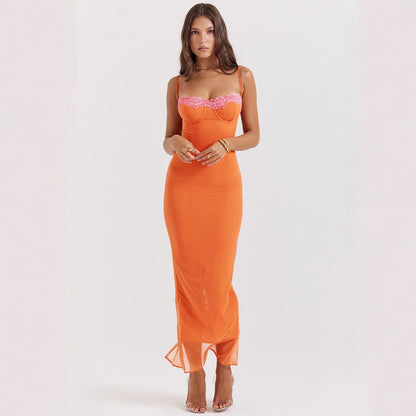 Women’s Maxi Dress – Slim Fit – Spaghetti Straps – Lace Trim – Sheer Hem