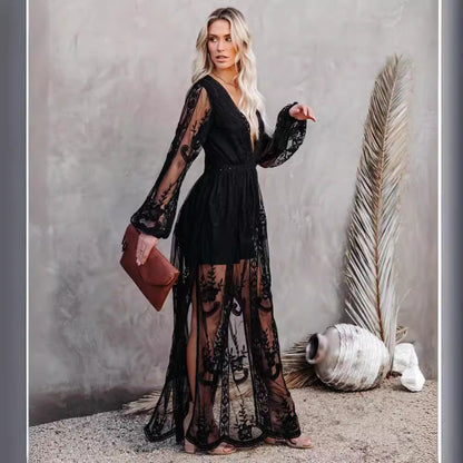 Women’s Long Dress – Lace & Chiffon – V-Neck – Sheer Sleeves – High Slit Fit