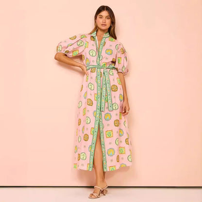 Women’s Midi Dress – Lightweight Cotton Blend – Lantern Sleeve – Belted Fit – Button Down – Graffiti Print