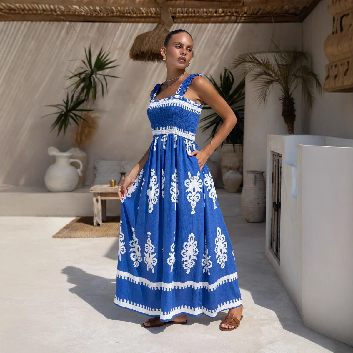 Women’s Sundress – Lightweight Cotton – Ruched Bodice – A-Line Fit – Printed Hem