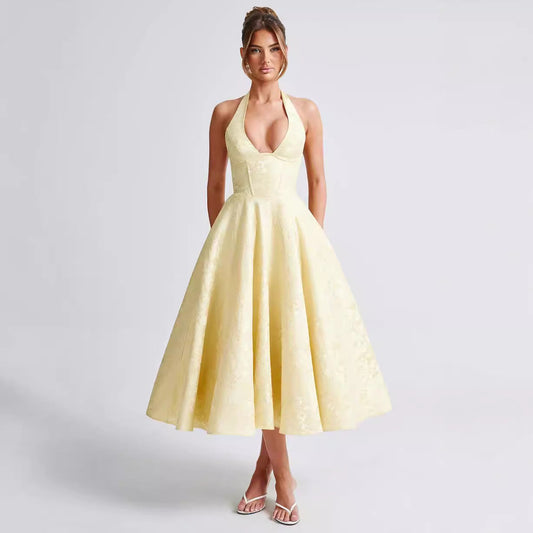 Jacquard Fabric Tie Waist Halter Maxi Dress