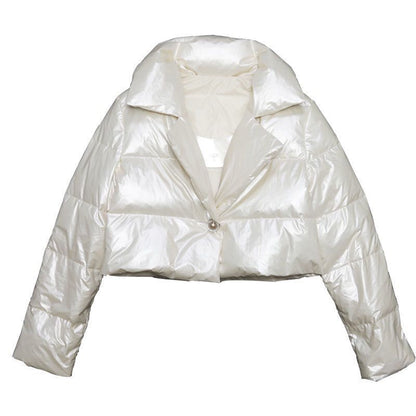 Women’s Cropped Jacket – Glossy Quilted Design – Puffy Oversized Fit – Button Front