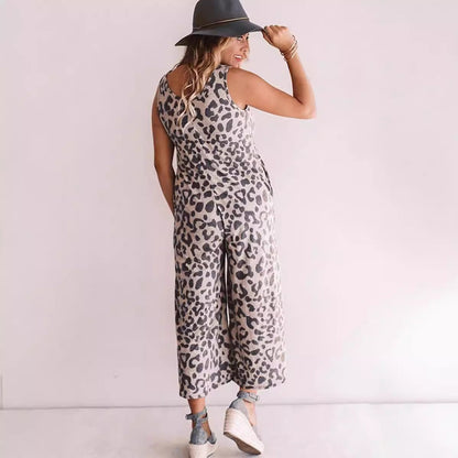 Women’s Sleeveless Jumpsuit – V-Neck – Loose Fit – Wide-Leg Cropped – Leopard Print