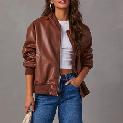 Women’s Leather Jacket – Oversized Relaxed Fit – Ribbed Trim – Full Zip Closure