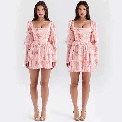Women’s Mini Dress – A-Line Fit – Puffed Long Sleeves – Square Neck – Floral Print