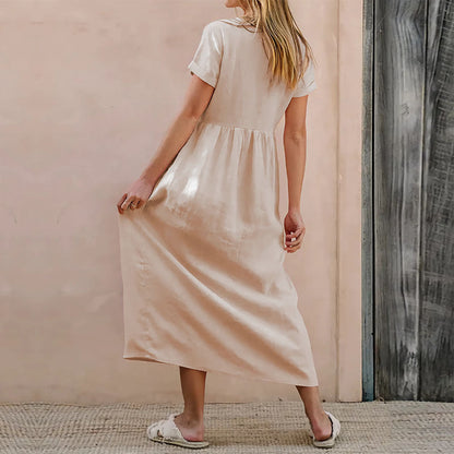 Women’s Midi Dress – V-Neck Button Front – Loose Fit – Cotton Linen Blend