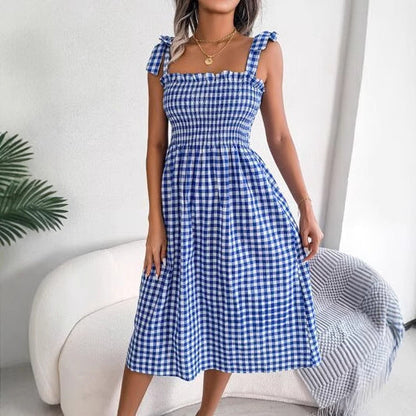 Women’s Midi Sundress – Slim Fit – Smocked Bodice – Checked – Bow Tie Straps