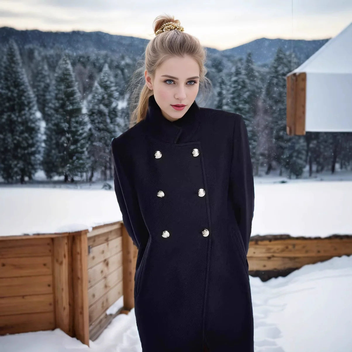 Structured Wool Blend Double-Breasted A-Line Coat 