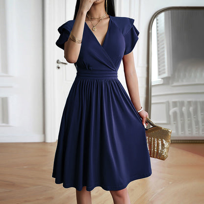Women's Midi Dress - Wrap Design - V-Neck - Short Ruffled Sleeves - Flattering Fit
