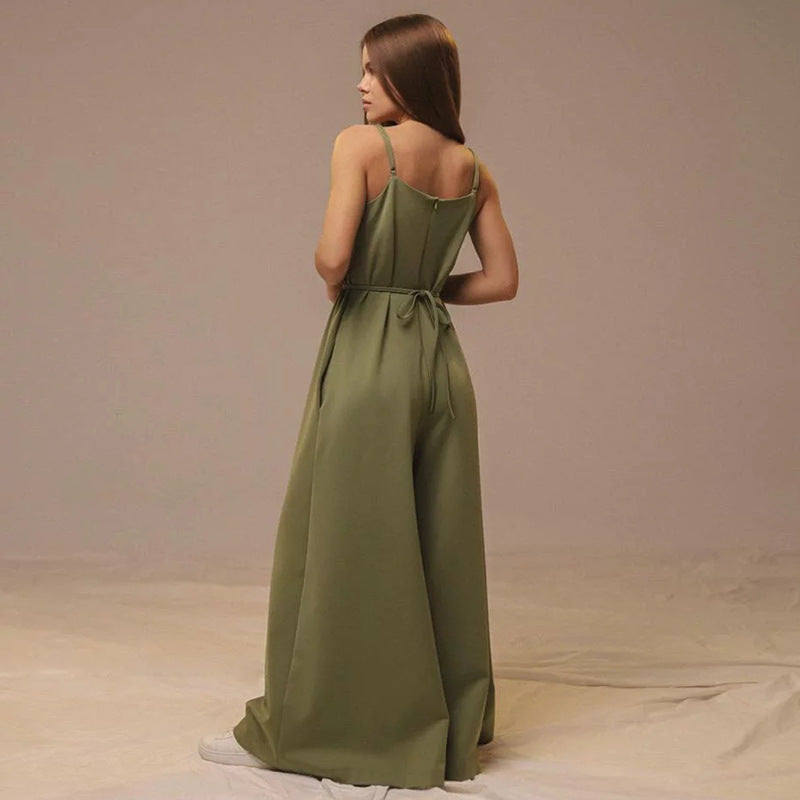 Women’s Jumpsuit – Linen Blend – Wide Leg – Loose Fit – V-Neck – Tie Waist